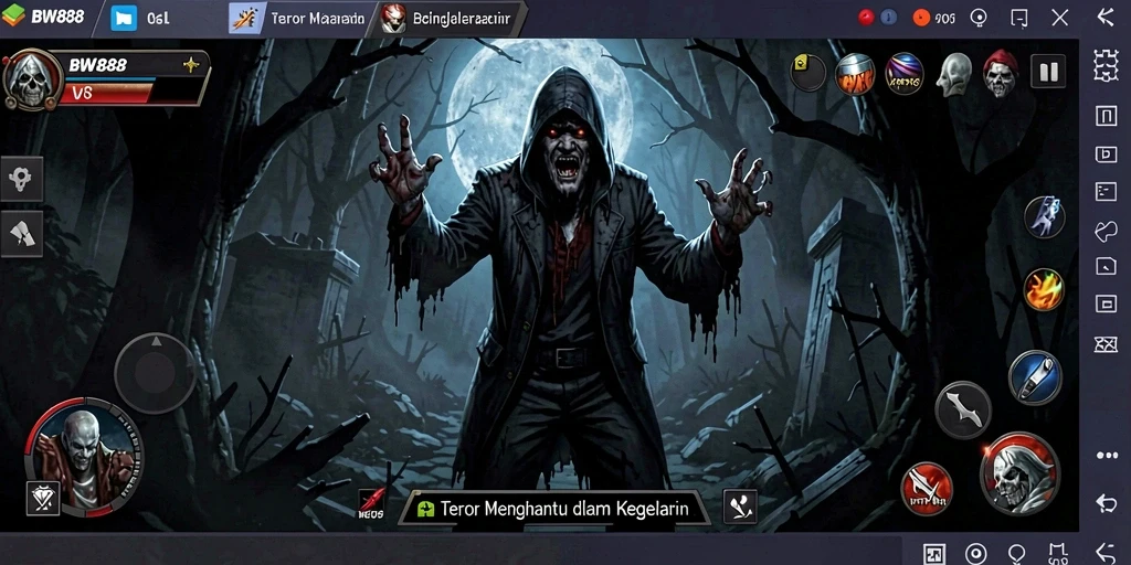 Screenshot gameplay dari BW888 menampilkan suasana horor yang mendalam.