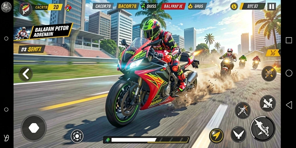 Tampilan gameplay CACOR78 saat balapan motor yang seru dan mendebarkan.