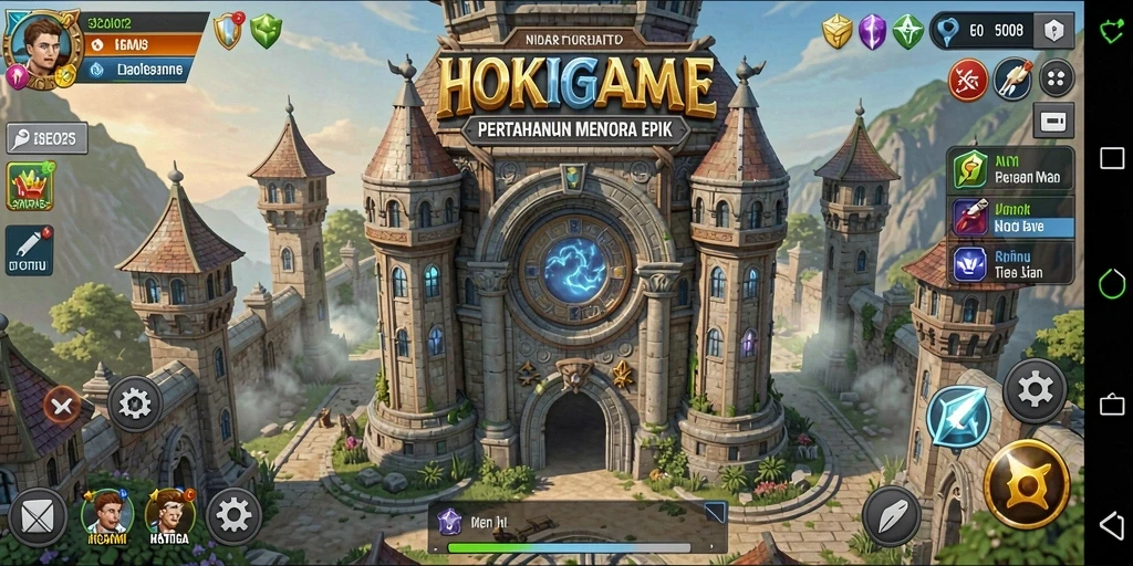 Tampilan gameplay seru di HOKIGAME dengan berbagai menara dan musuh.