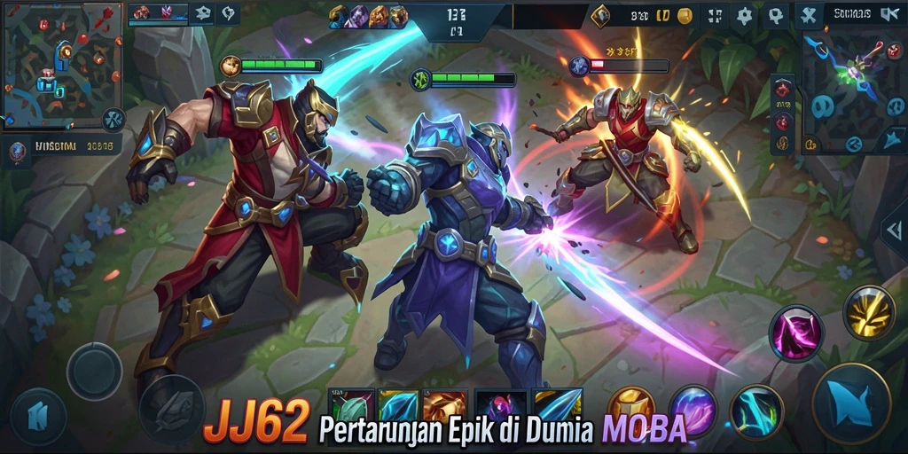 Tangkapan layar seru dari gameplay MOBA JJ62 yang menampilkan aksi pertarungan tim.