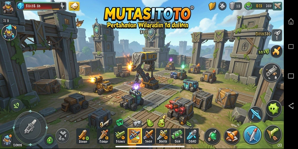 Screenshot gameplay MUTASITOTO yang menampilkan menara dan musuh yang beraksi.