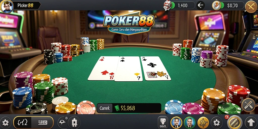 Screenshot gameplay <strong>POKER88</strong> yang menampilkan suasana poker yang mendebarkan.